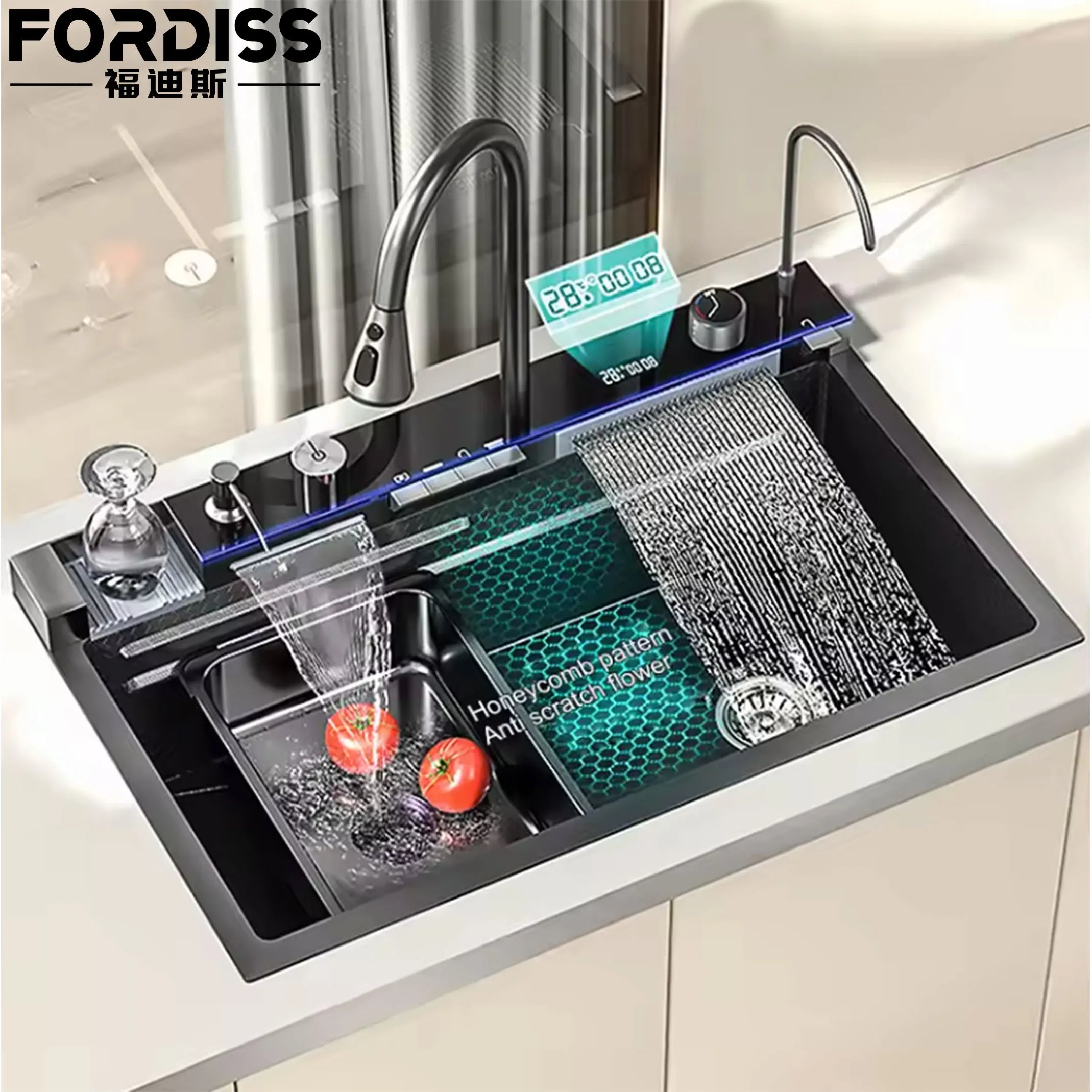 Countertop Black Waterfall Single Bowl Stainless Steel Multifunctional Kitchen Sink