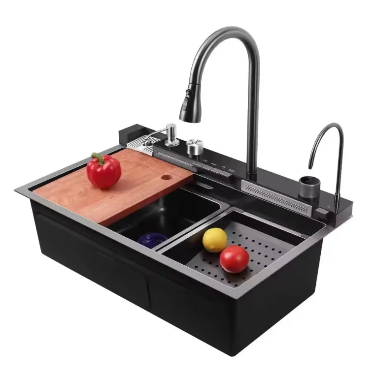 Countertop Black Waterfall Single Bowl Stainless Steel Multifunctional Kitchen Sink